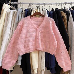 Pink Cropped Cardigan Textured Knit Soft Cozy